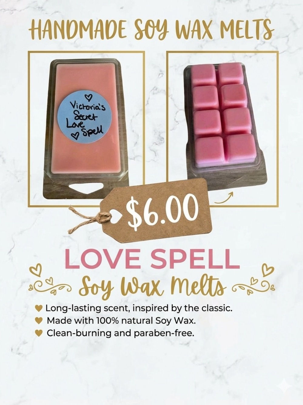 8 Cube Handpoured Soy Wax Melts Love Spell